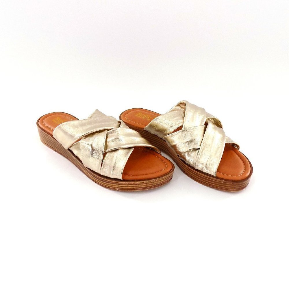 Bella Vita Wedge Slide Sandals Size 6.5 Gold Comfy Soft Nappa Leather Italy